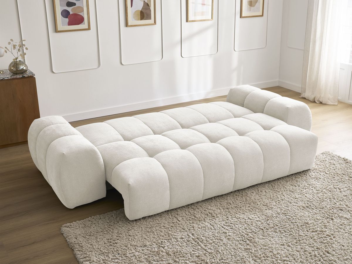 Bobochic Everest Schlafsofa 3-Sitzer mit Bettkasten, 5 Kissen Strukturstoff Weiß