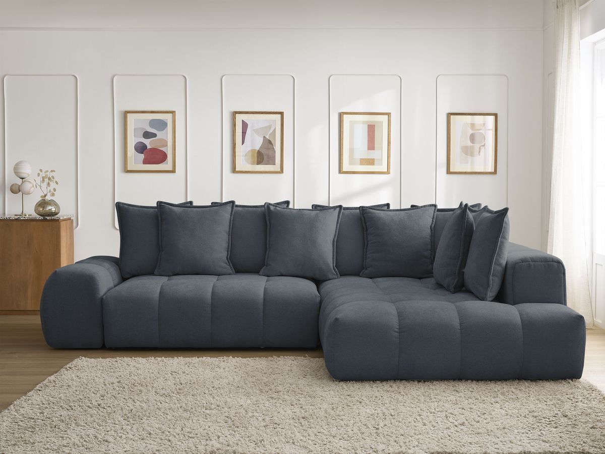 Bobochic Everest Ecksofa mit Schlaffunktion und Bettkasten 320 × 212 cm, 10 Kissen Strukturstoff Dunkelblau Ecke rechts