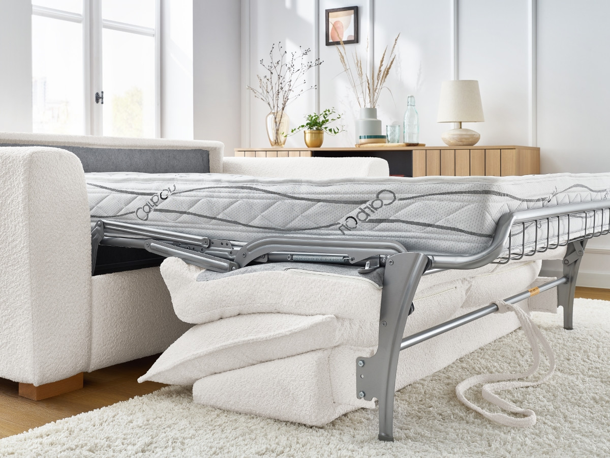 Bobochic Augustin Schlafsofa 3-Sitzer Bouclé-Stoff Weiß, Liegefläche 140 × 200 cm