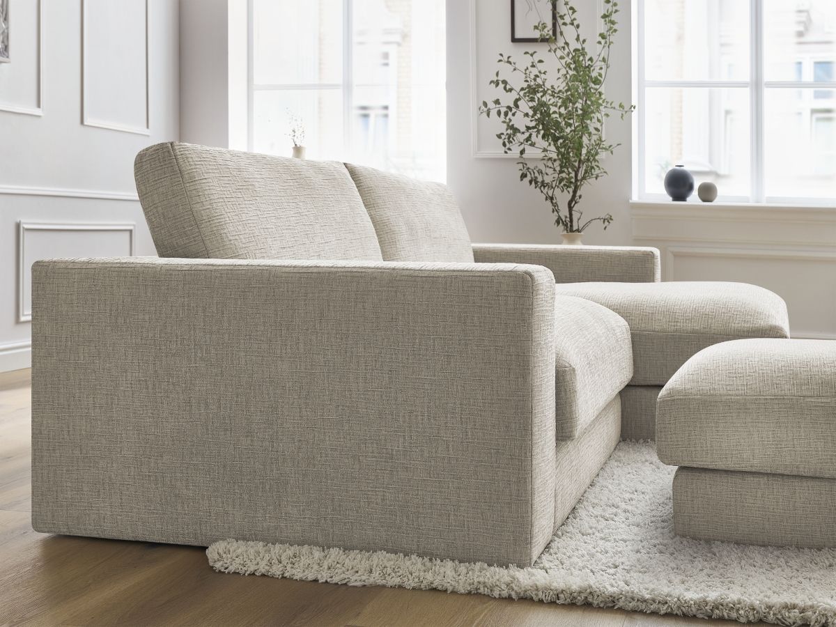 Bobochic Leonard Ecksofa mit Pouf 274 × 159 cm Strukturstoff Beige Ecke rechts