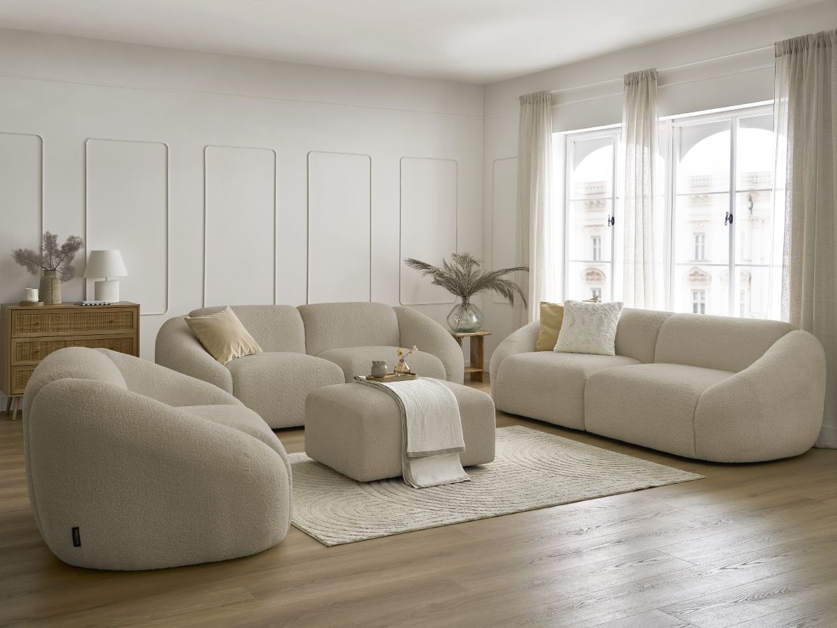 Bobochic Tina Sofa 7-Sitzer mit Pouf Bouclé-Stoff Beige