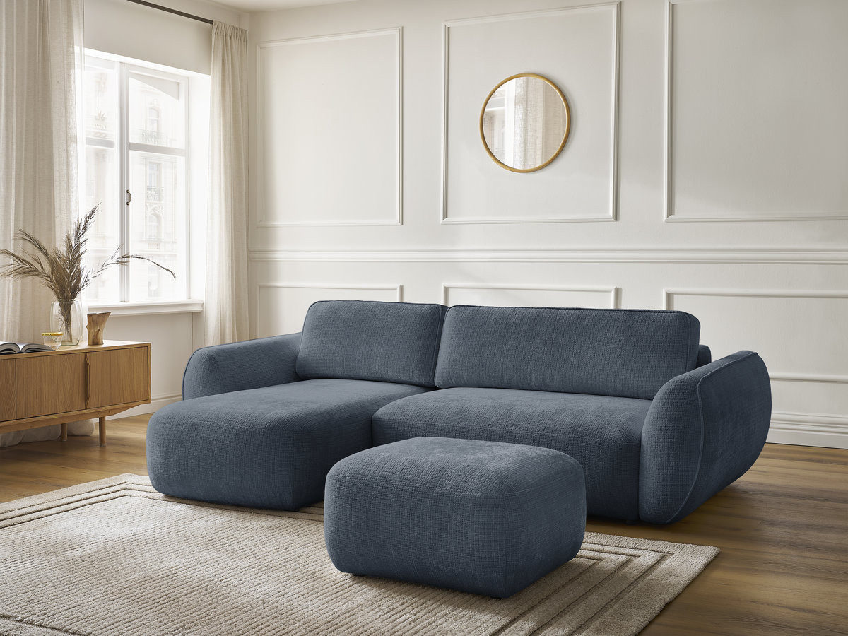 Bobochic Denise Ecksofa mit Schlaffunktion und Bettkasten und Pouf 258 × 160 cm Strukturstoff Dunkelblau Ecke links