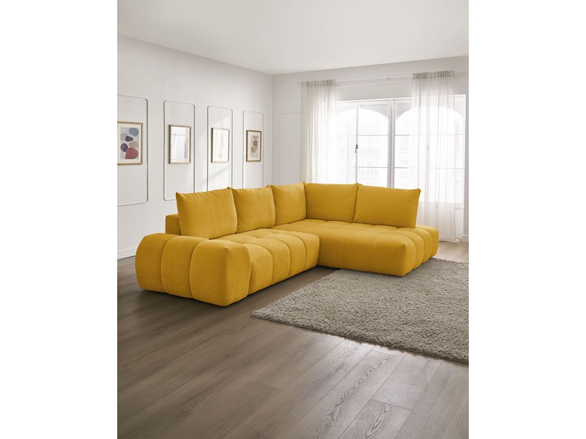 Bobochic Everest Ecksofa mit Schlaffunktion und Bettkasten 320 × 212 cm, 5 Kissen Strukturstoff Gelb Ecke rechts