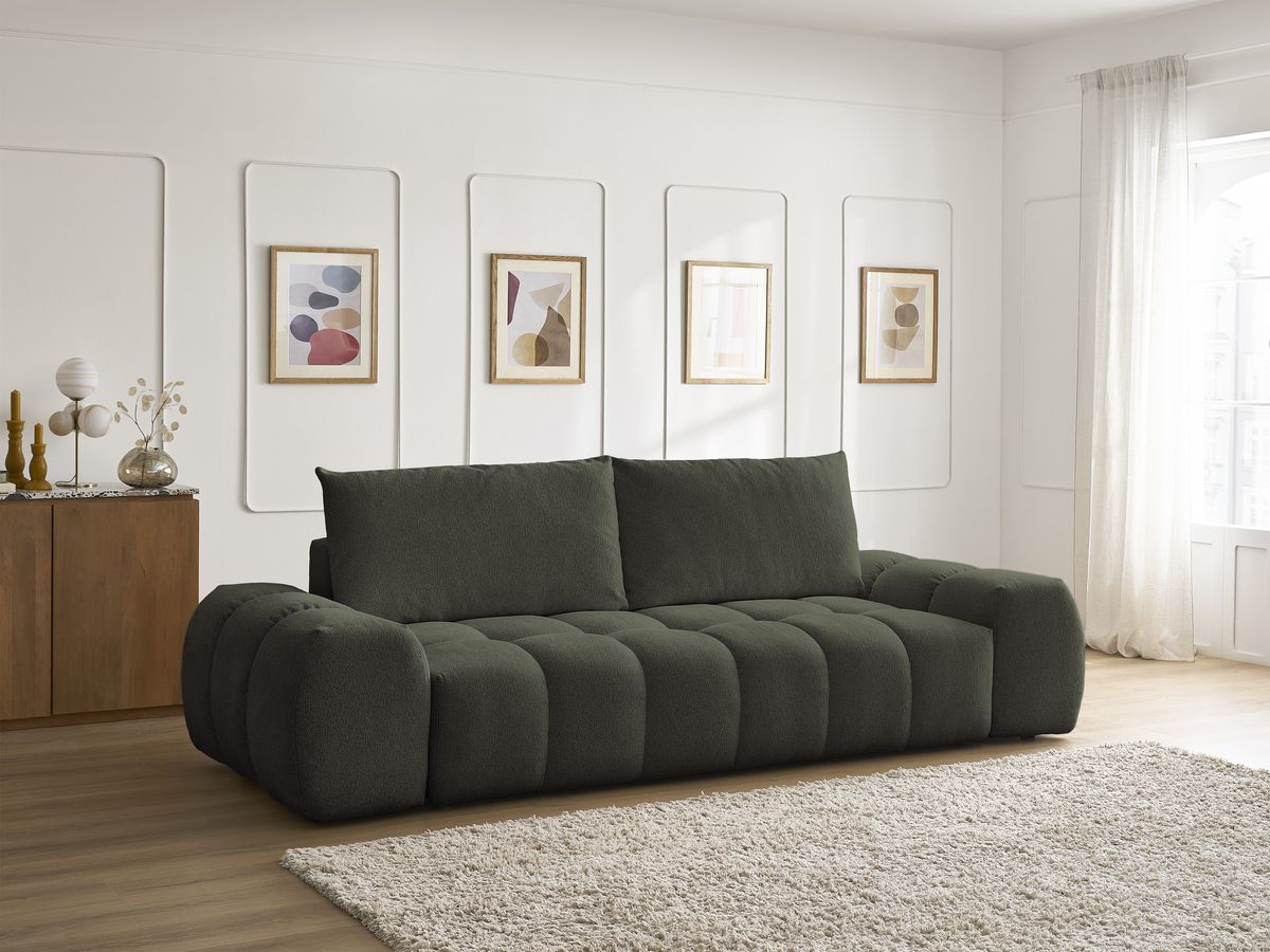 Bobochic Everest Schlafsofa 3-Sitzer mit Bettkasten, 2 Kissen Melange-Stoff Grün