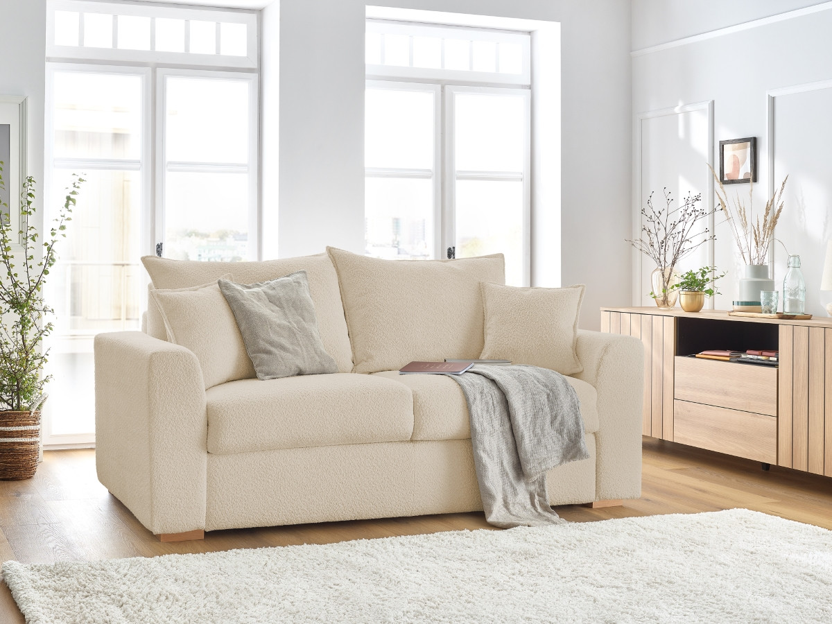 Bobochic Augustin Schlafsofa 3-Sitzer Bouclé-Stoff Beige, Liegefläche 140 × 200 cm