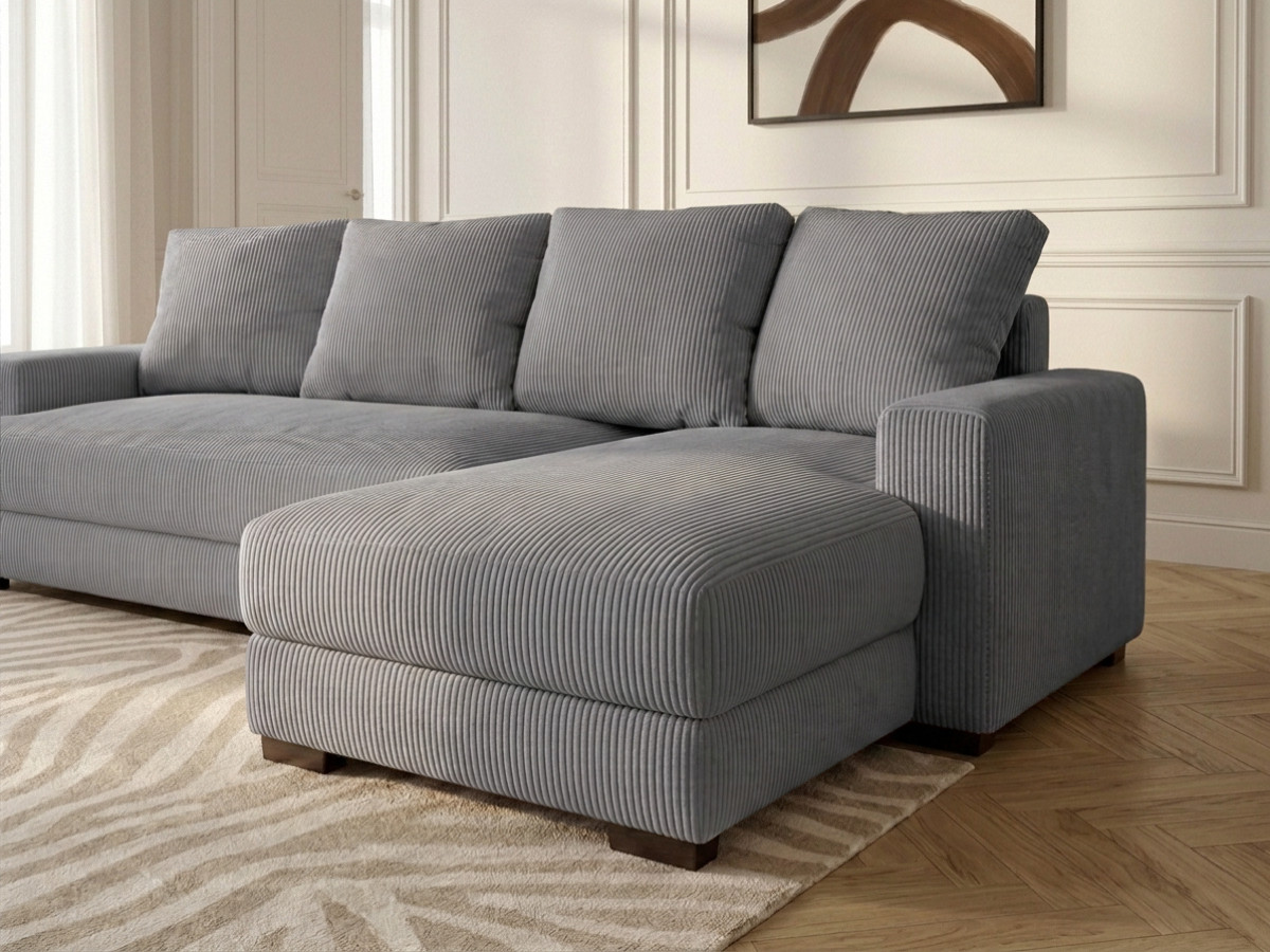 Bobochic Campi Ecksofa mit Schlaffunktion und Bettkasten Cordsamt Hellgrau Ecke rechts