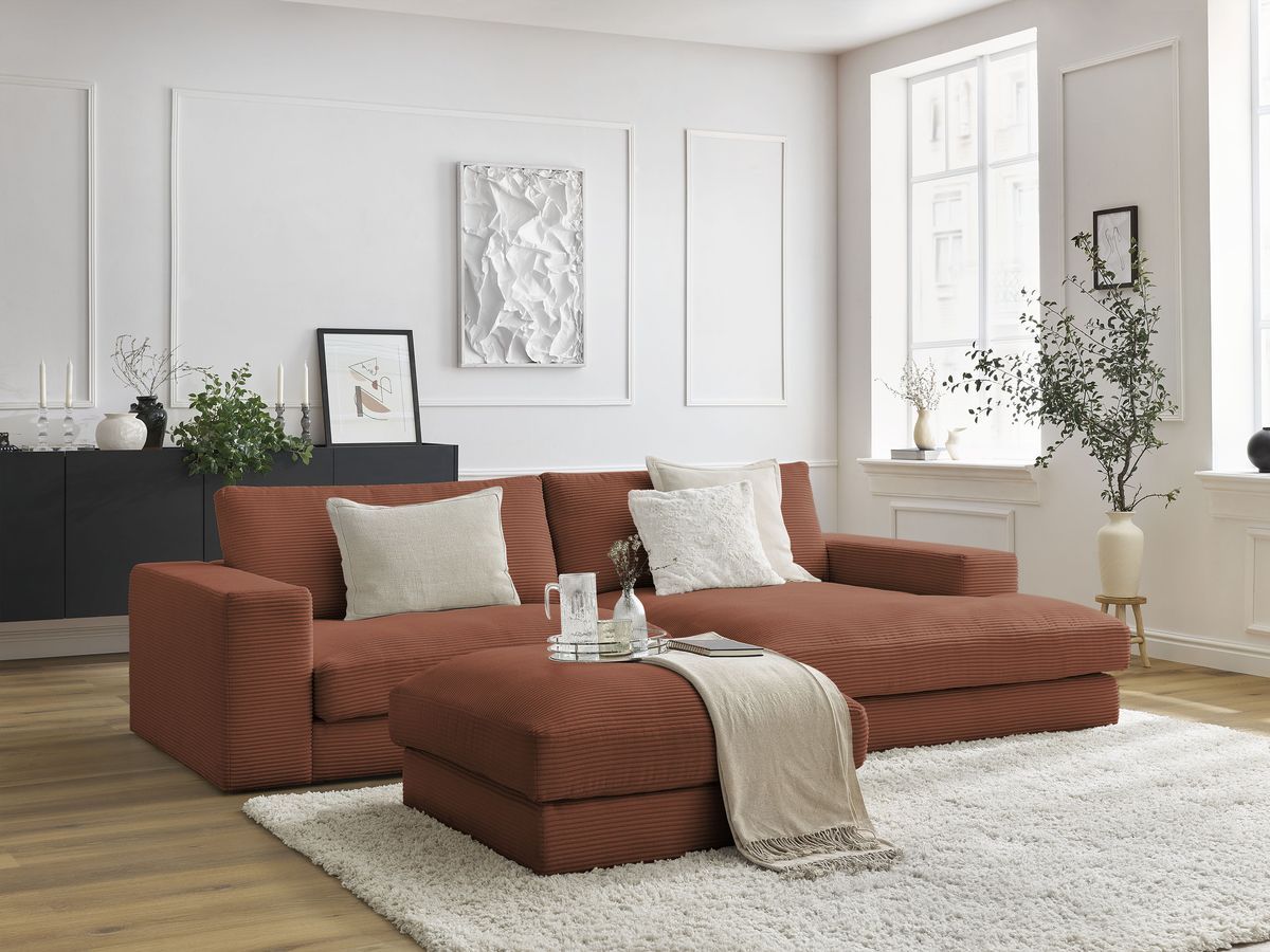 Bobochic Leonard Ecksofa mit Pouf 274 × 159 cm Cordsamt Orange Ecke rechts