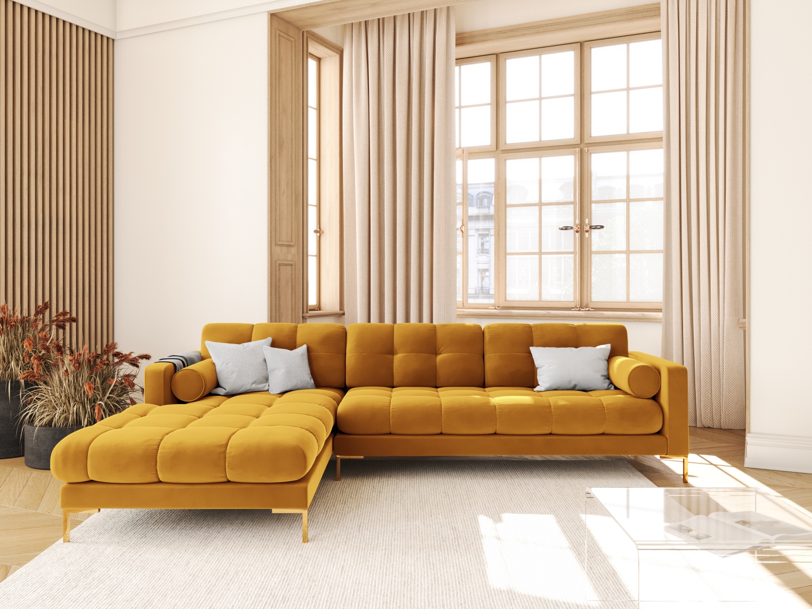Cosmopolitan Design Ecksofa Bali 5-Sitzer Samt Bluvel Gelb Links Beine Gold