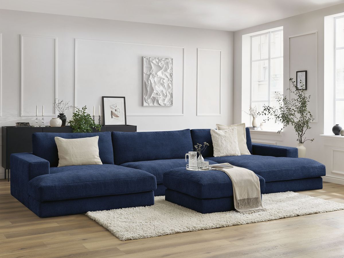 Bobochic Leonard Wohnlandschaft mit Pouf 404 × 159 cm Strukturstoff Dunkelblau
