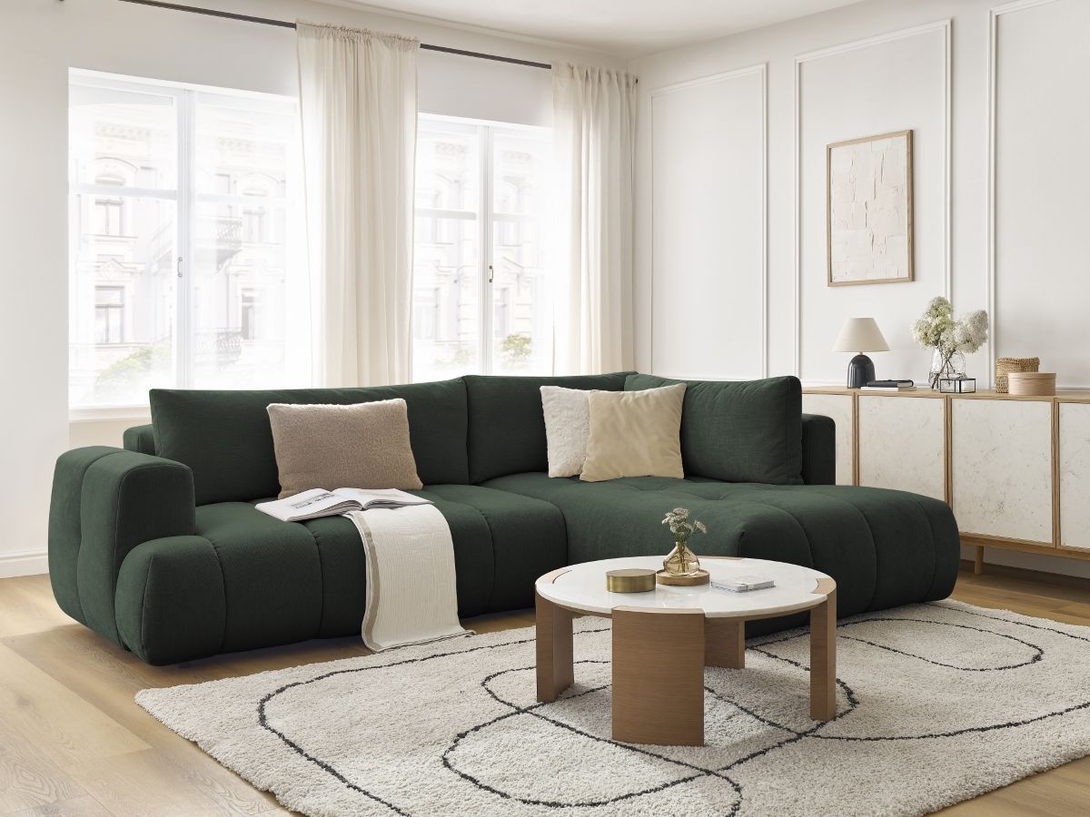 Bobochic Fuji Ecksofa mit Schlaffunktion und Bettkasten 282 × 204 cm Stoff Grün Ecke rechts