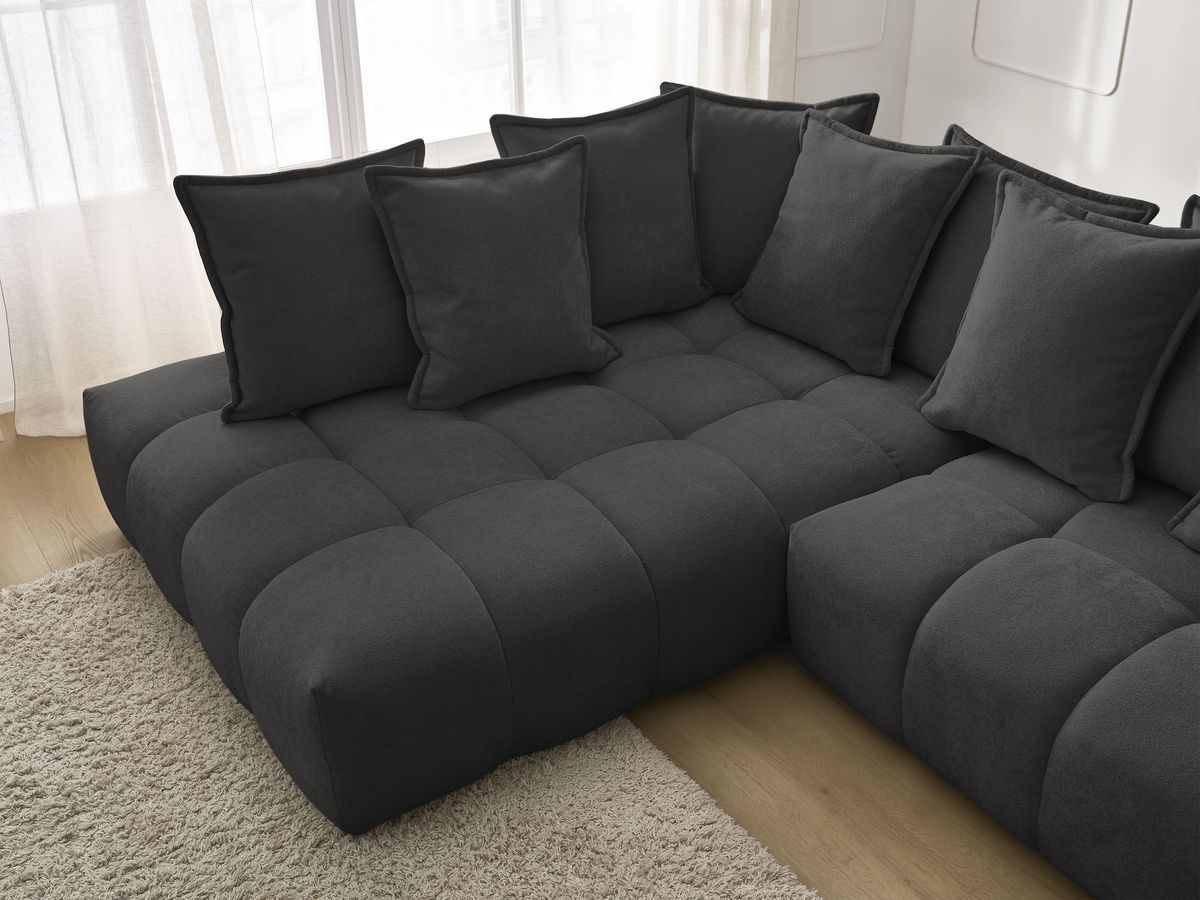 Bobochic Everest Ecksofa mit Schlaffunktion und Bettkasten 320 × 212 cm, 10 Kissen Strukturstoff Schwarz Ecke links