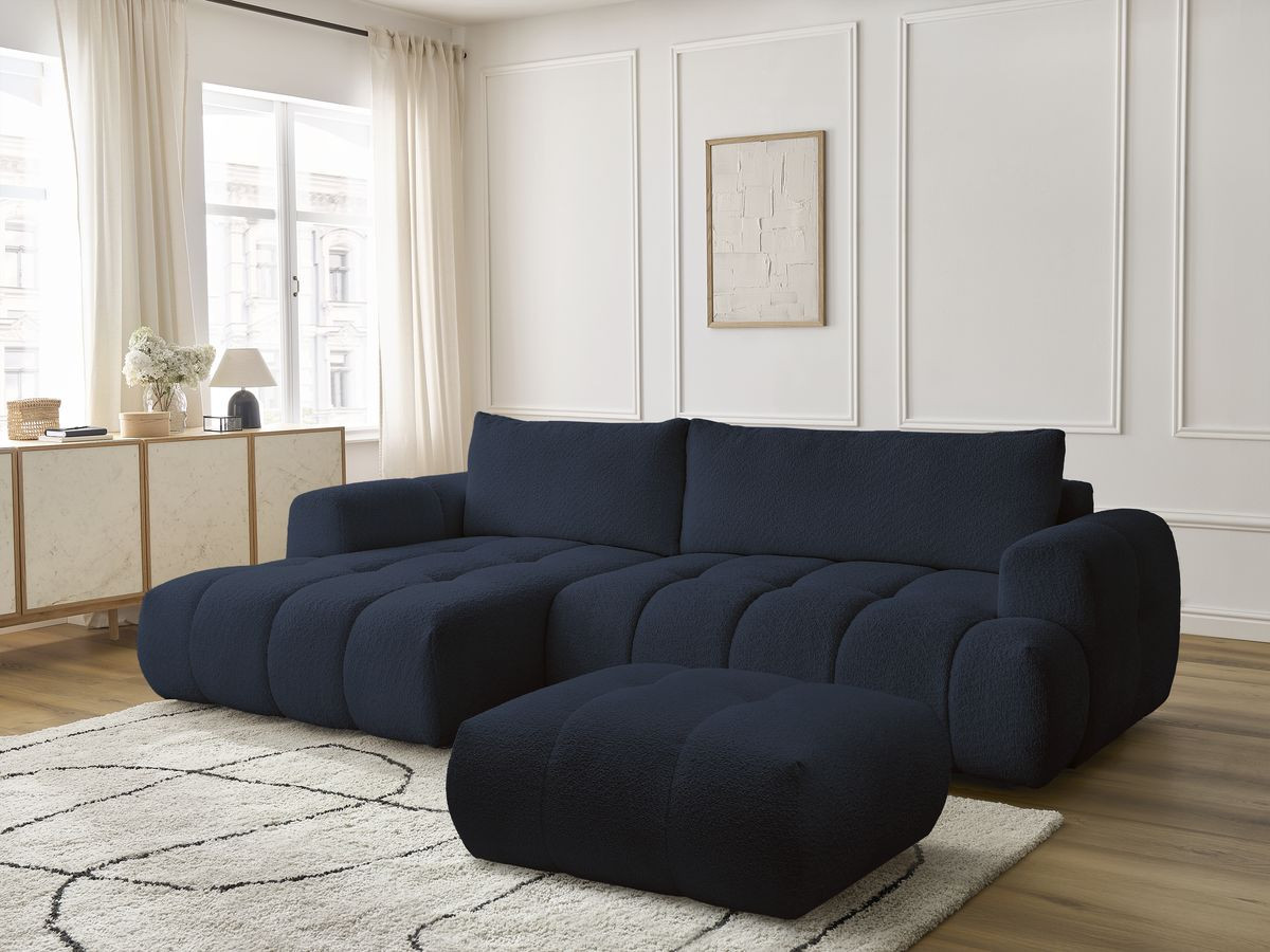 Bobochic Fuji Ecksofa mit Schlaffunktion und Bettkasten und Pouf 292 × 160 cm Bouclé-Stoff Dunkelblau Ecke links