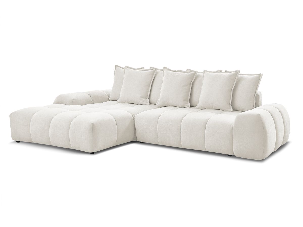 Bobochic Everest Ecksofa mit Schlaffunktion und Bettkasten 318 × 180 cm, 7 Kissen Strukturstoff Weiß Ecke links