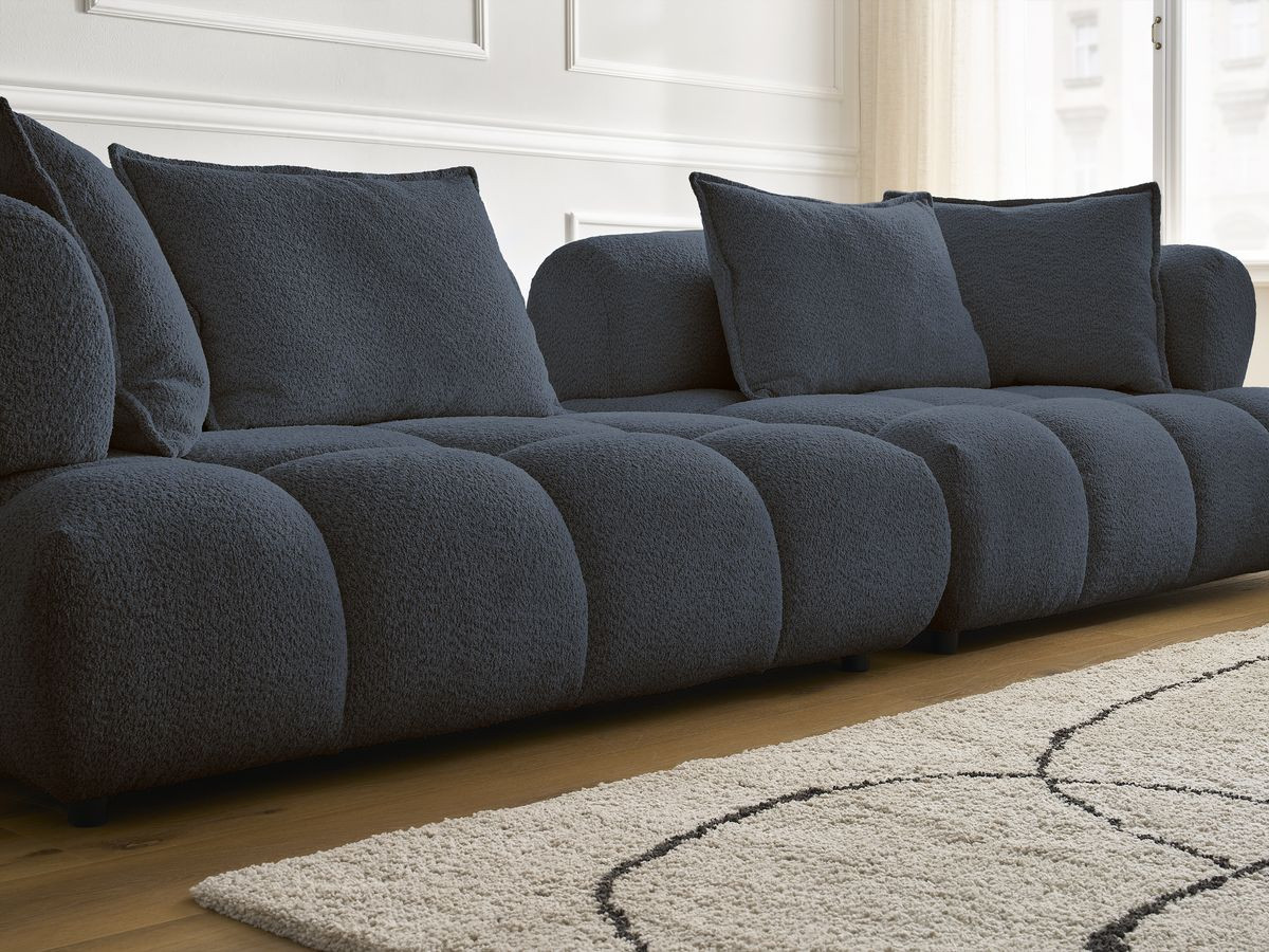 Bobochic Alya Sofa 4-Sitzer mit Pouf Bouclé-Stoff Dunkelblau