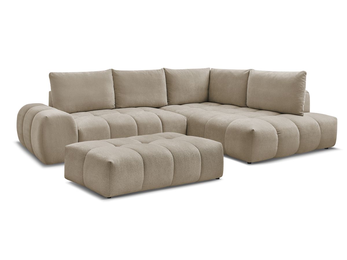 Bobochic Everest Ecksofa mit Schlaffunktion und Bettkasten und Pouf 320 × 212 cm, 5 Kissen Strukturstoff Taupe Ecke rechts