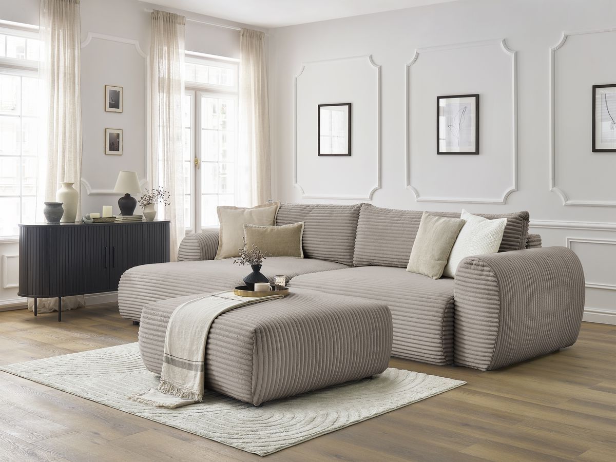 Bobochic Lucien Ecksofa mit Schlaffunktion und Bettkasten und Pouf 314 × 167 cm Breitcord weich Taupe Ecke links