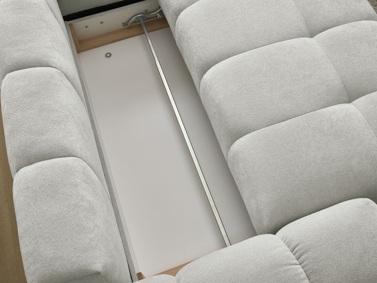 Bobochic Everest Ecksofa mit Schlaffunktion und Bettkasten 320 × 212 cm, 5 Kissen Strukturstoff Hellgrau Ecke rechts