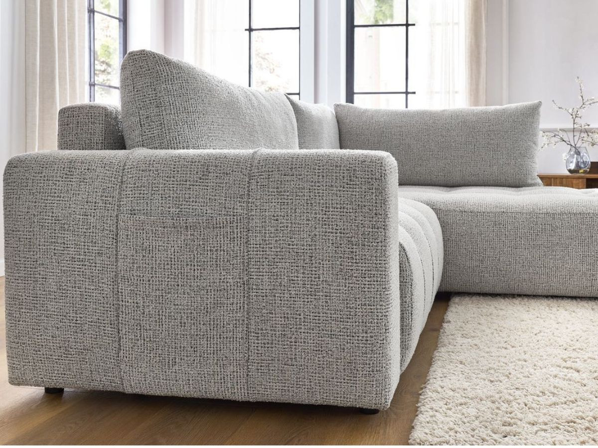 Bobochic Arsene Ecksofa mit Schlaffunktion und Bettkasten 277 × 200 cm Melange-Stoff Hellgrau Ecke rechts