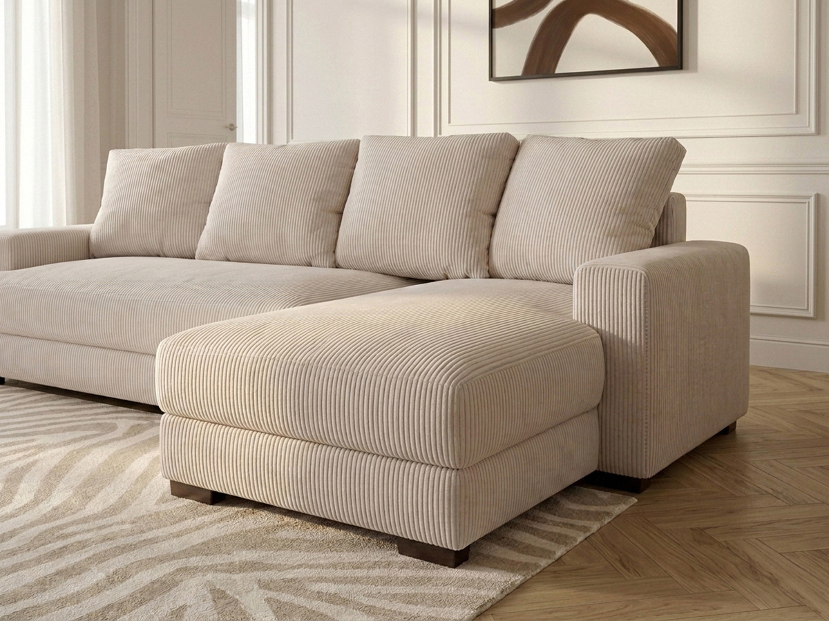Bobochic Campi Ecksofa mit Schlaffunktion und Bettkasten Cordsamt Beige Ecke rechts