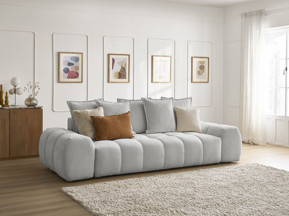 Bobochic Everest Schlafsofa 3-Sitzer mit Bettkasten, 5 Kissen Melange-Stoff Hellgrau