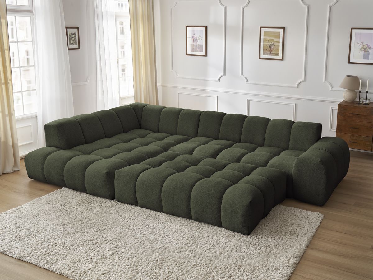 Bobochic Everest Ecksofa mit Schlaffunktion und Pouf, 4 Kissen Melange-Stoff Grün Ecke links