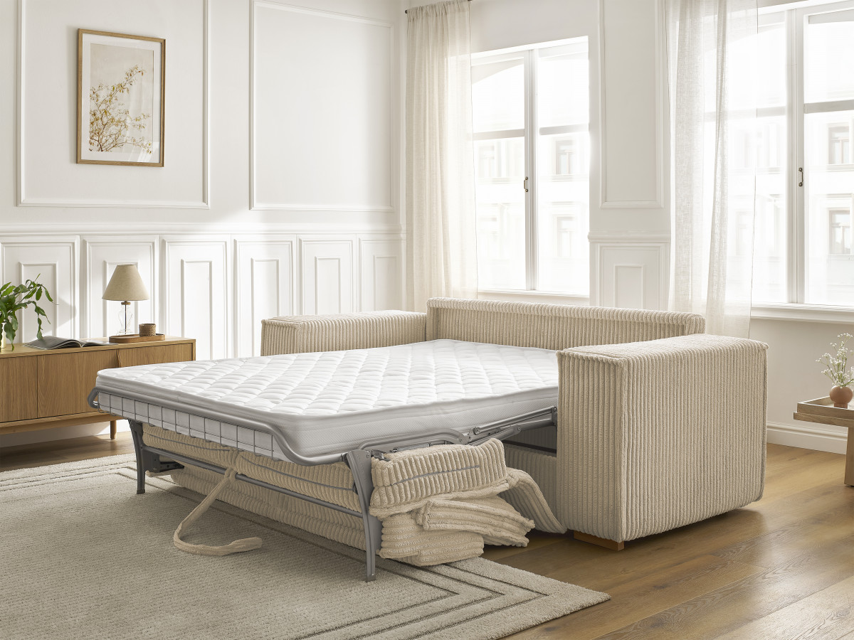 Bobochic Chelsea Schlafsofa 3-Sitzer Cordsamt Taupe, Liegefläche 140 × 200 cm