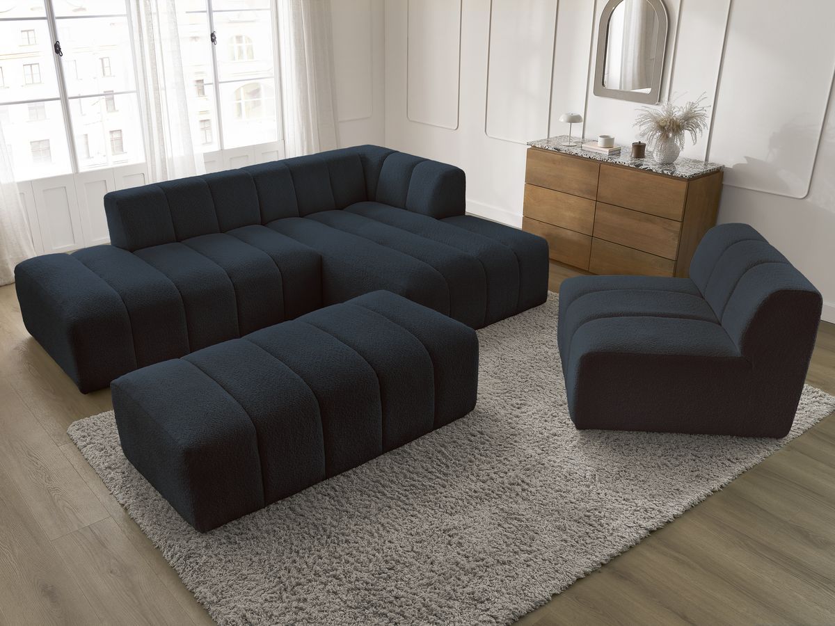Bobochic Annecy Ecksofa mit Sofamodul und Pouf Bouclé-Stoff Dunkelblau Ecke rechts