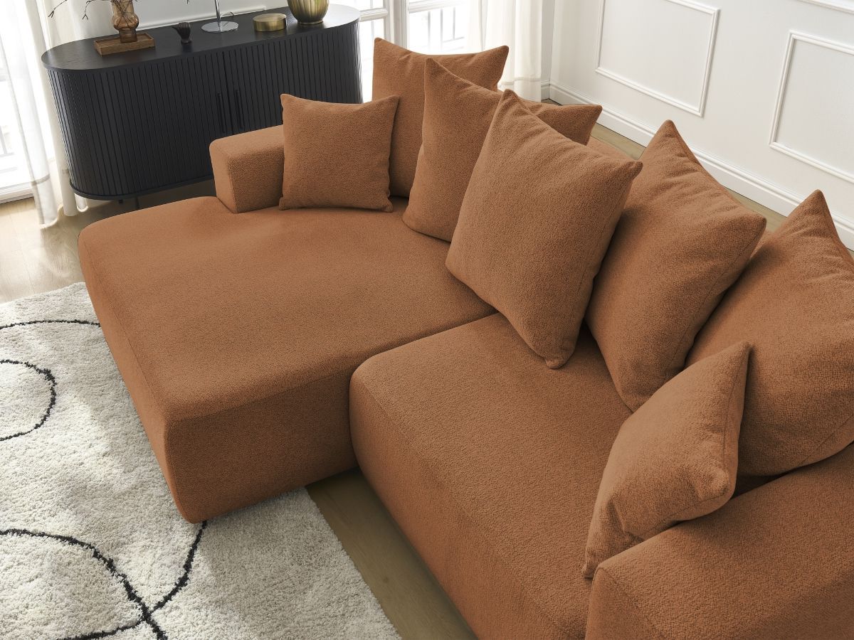 Bobochic Atilla Ecksofa mit Schlaffunktion und Bettkasten Melange-Stoff Orange Ecke links