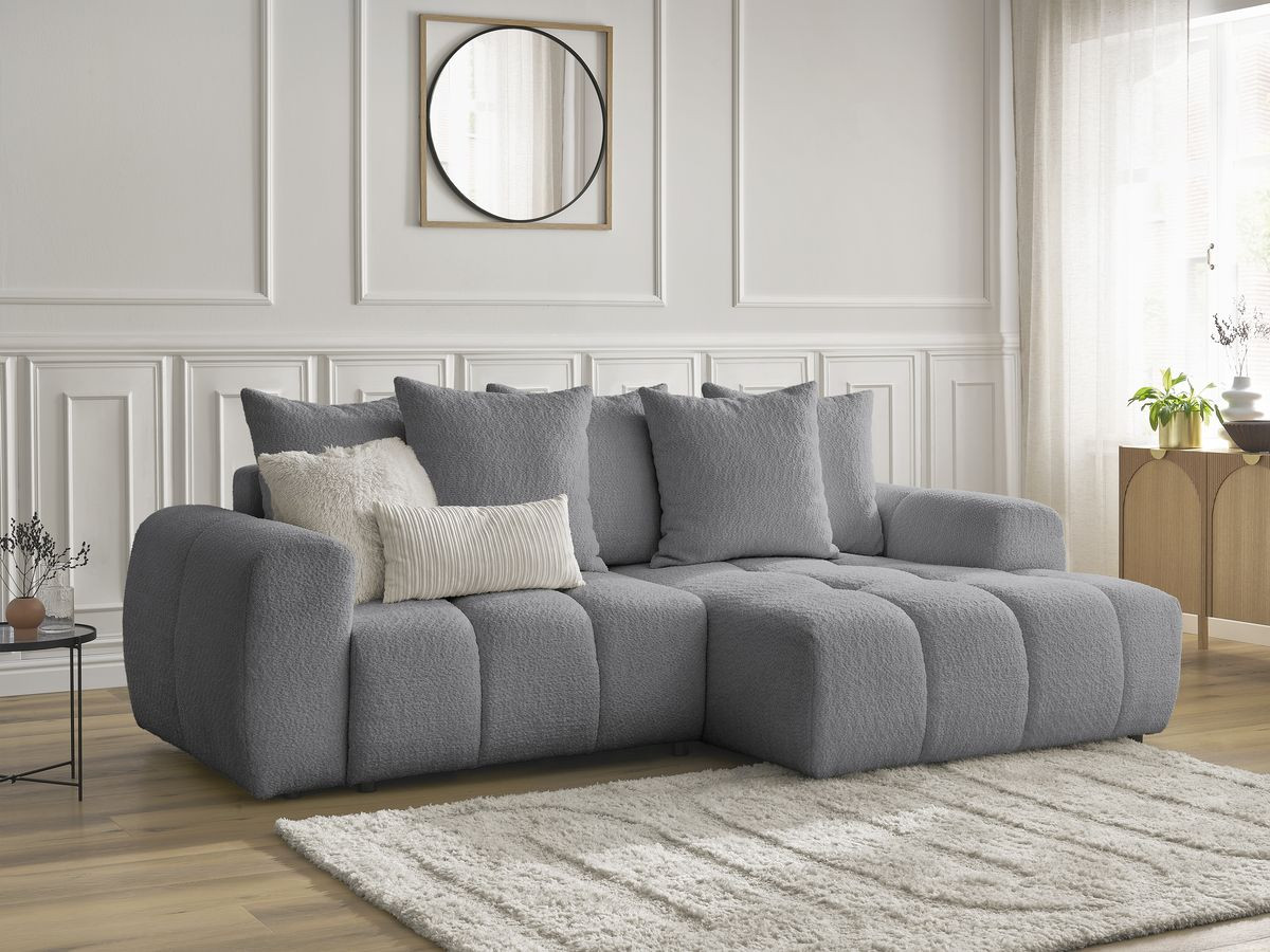 Bobochic Roxelane Ecksofa mit Schlaffunktion und Bettkasten 258 × 150 cm Bouclé-Stoff Dunkelgrau Ecke rechts