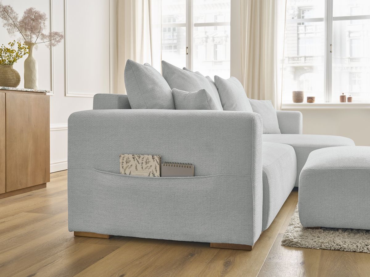 Bobochic Sidonie Ecksofa mit Schlaffunktion und Bettkasten und Pouf Melange-Stoff Hellgrau