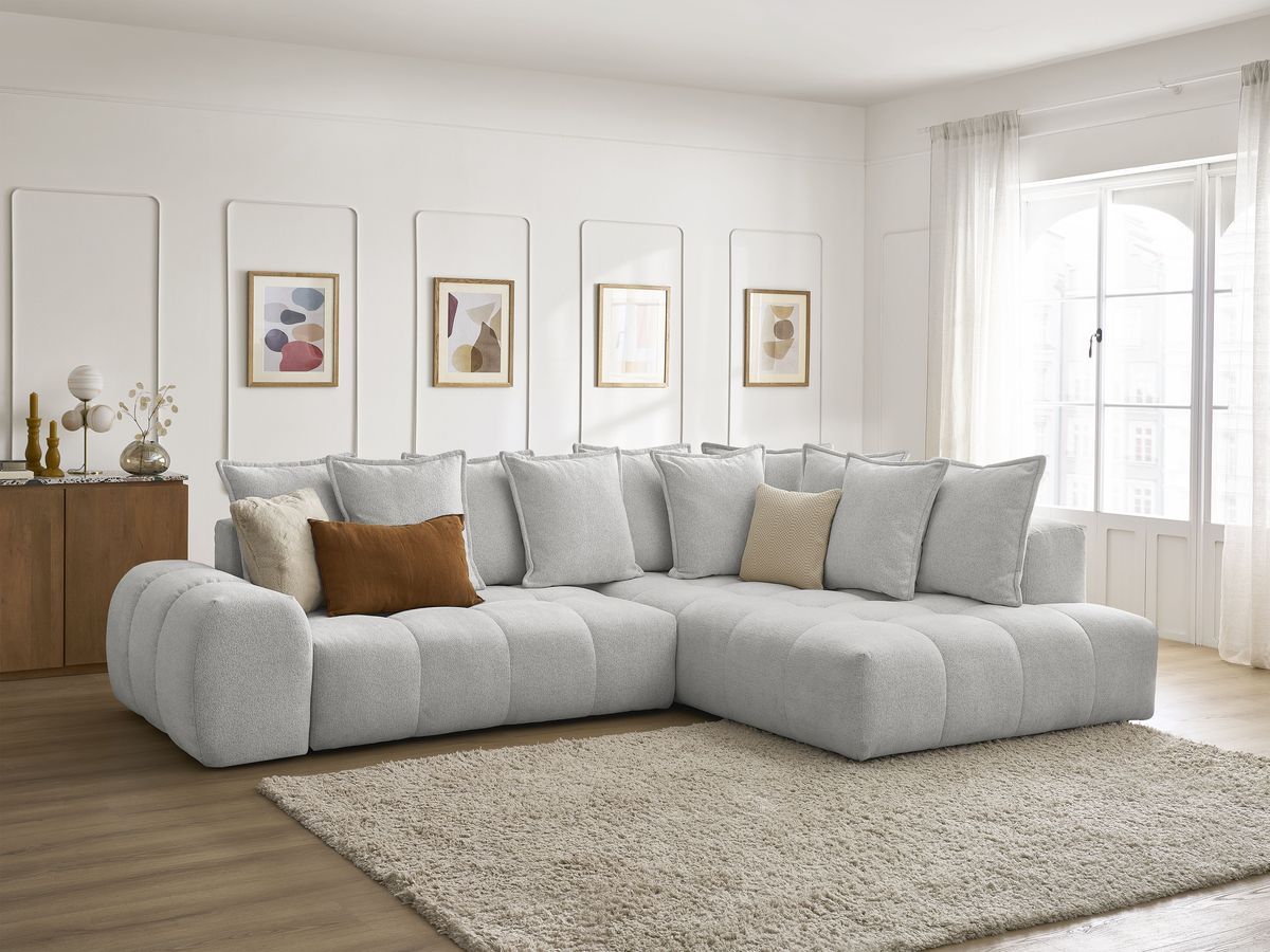 Bobochic Everest Ecksofa mit Schlaffunktion und Bettkasten 320 × 212 cm, 10 Kissen Melange-Stoff Hellgrau Ecke rechts