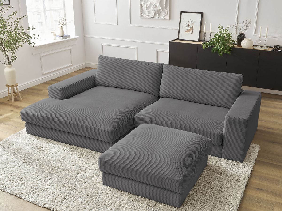 Bobochic Leonard Ecksofa mit Pouf 274 × 159 cm Cordsamt Dunkelgrau Ecke links