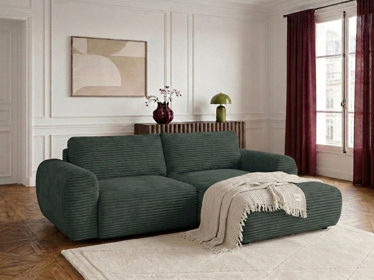 Bobochic Lucien Ecksofa mit Schlaffunktion und Bettkasten Breitcord weich Grün Ecke rechts