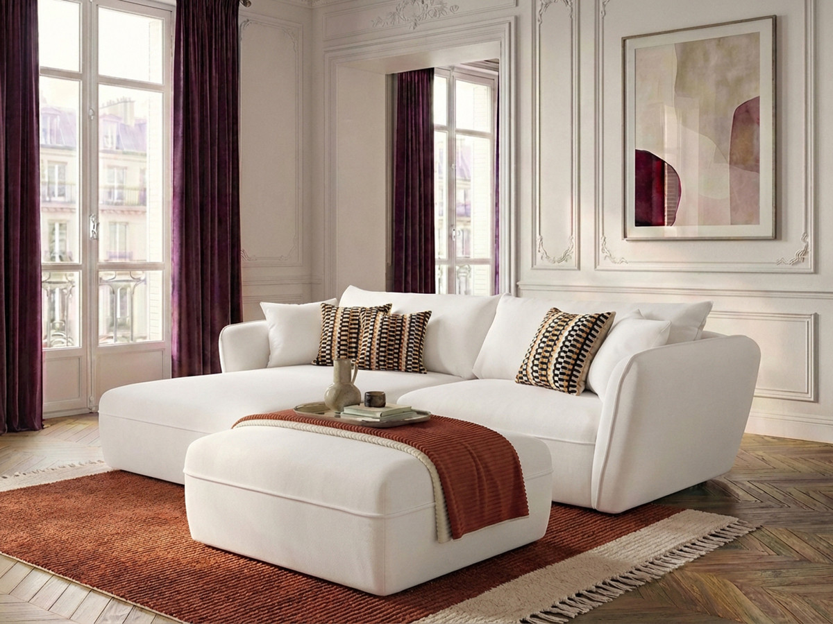Bobochic Luigi Ecksofa mit Pouf Strukturstoff Weiß Ecke links