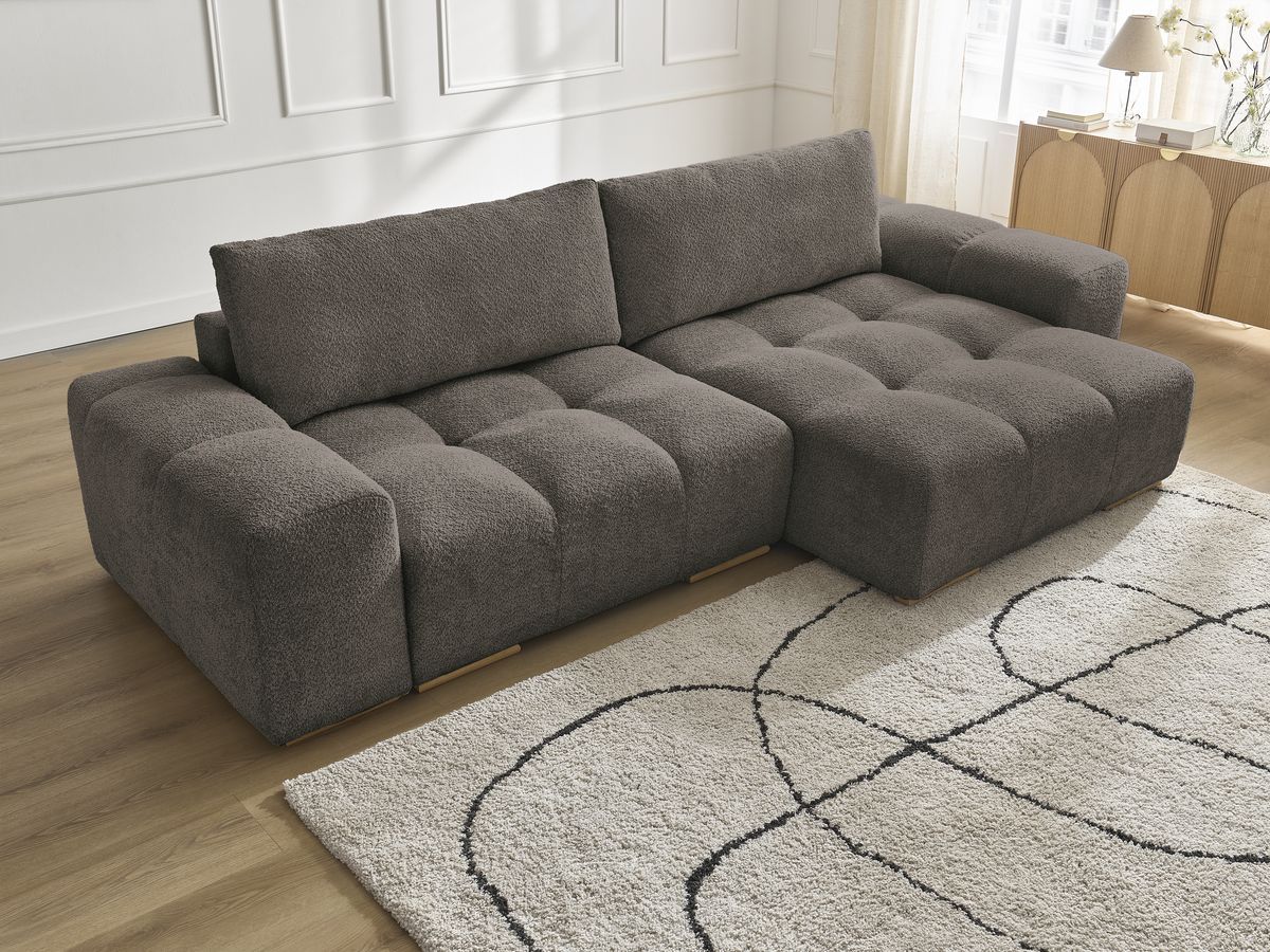 Bobochic Anakin Ecksofa mit Schlaffunktion und Bettkasten, 2 Kissen Bouclé-Stoff Braun
