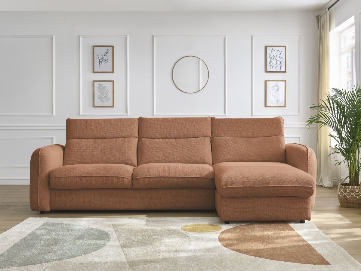 Bobochic Achille Ecksofa mit Schlaffunktion und Bettkasten Melange-Stoff Orange, Liegefläche 160 × 200 cm
