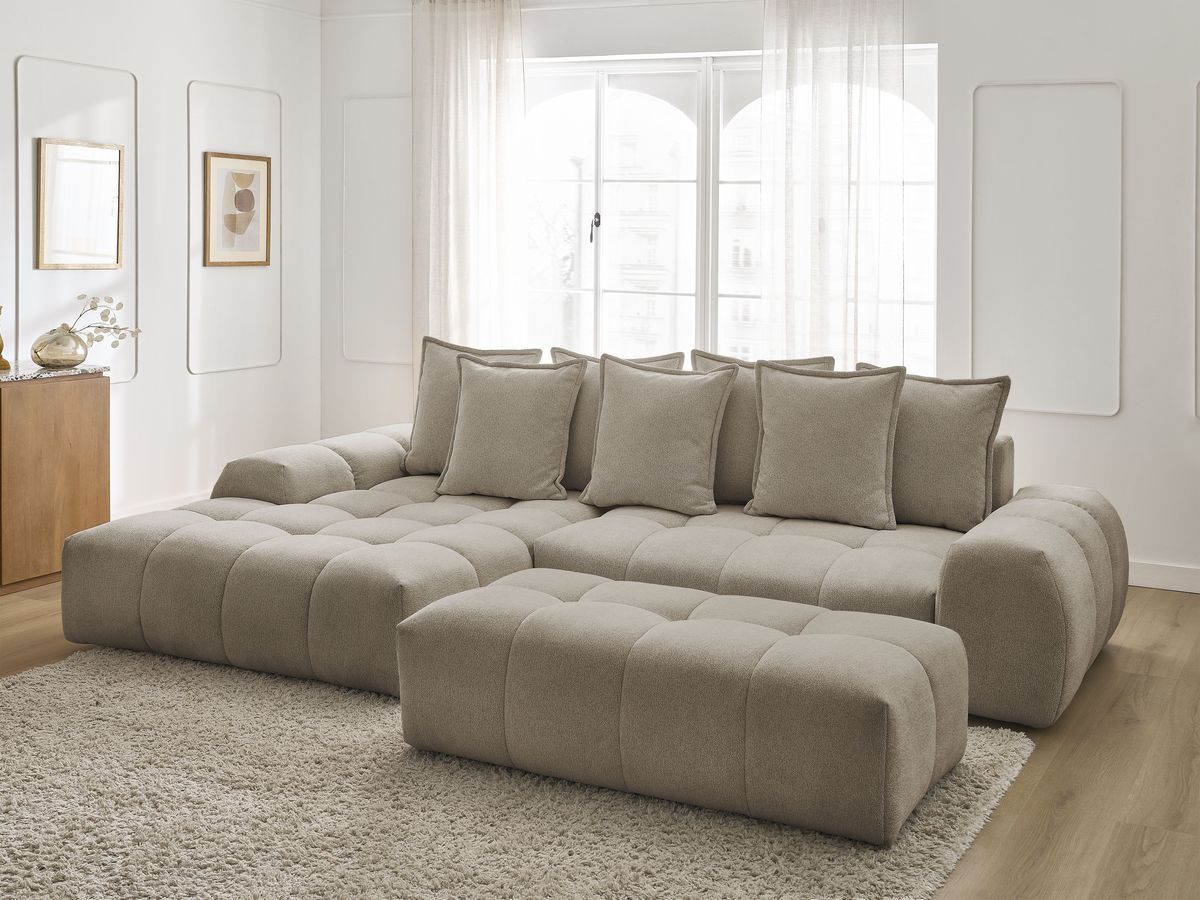 Bobochic Everest Ecksofa mit Schlaffunktion und Bettkasten und Pouf 318 × 180 cm, 7 Kissen Melange-Stoff Taupe Ecke links