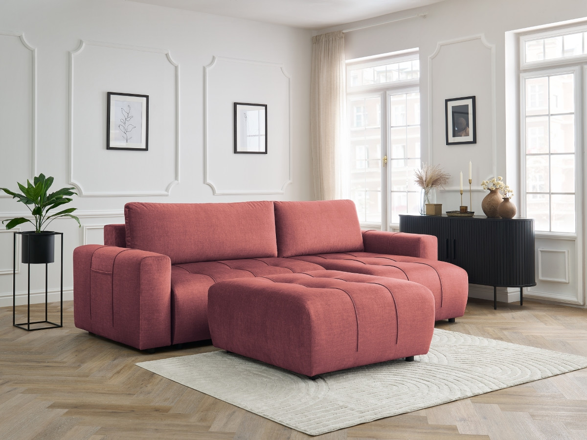 Bobochic Arsene Ecksofa mit Schlaffunktion und Bettkasten und Pouf 288 × 148 cm Samt Orange