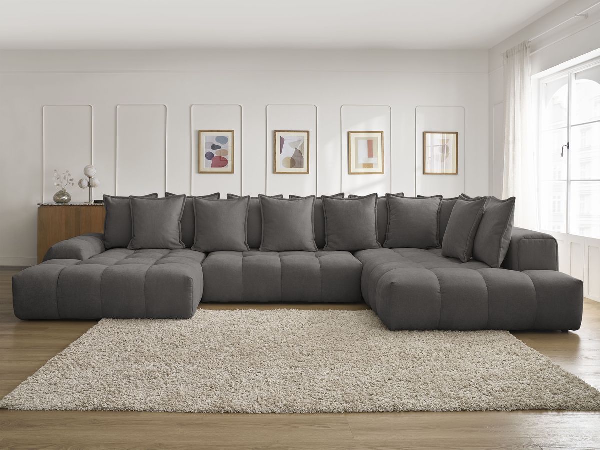 Bobochic Everest Wohnlandschaft, 14 Kissen Strukturstoff Dunkelgrau Ecke links