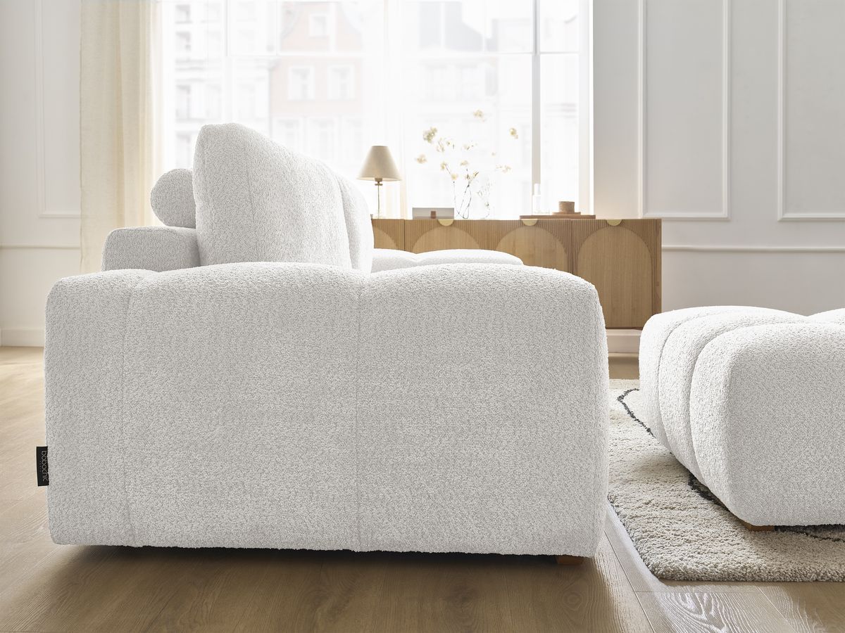 Bobochic Anakin Sofa 3-Sitzer mit Pouf, 2 Kissen Bouclé-Stoff Weiß