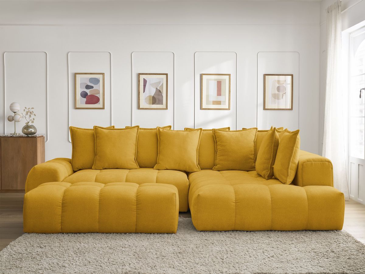 Bobochic Everest Ecksofa mit Schlaffunktion und Bettkasten und Pouf 320 × 212 cm, 10 Kissen Strukturstoff Gelb Ecke rechts