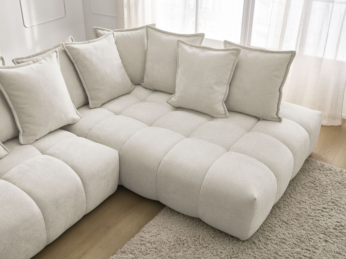 Bobochic Everest Ecksofa mit Schlaffunktion und Bettkasten 320 × 212 cm, 10 Kissen Strukturstoff Beige Ecke rechts