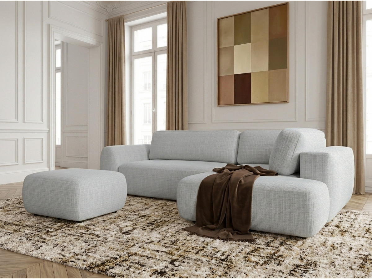 Bobochic Denise Ecksofa mit Schlaffunktion und Bettkasten und Pouf 256 × 197 cm Strukturstoff Hellgrau Ecke rechts