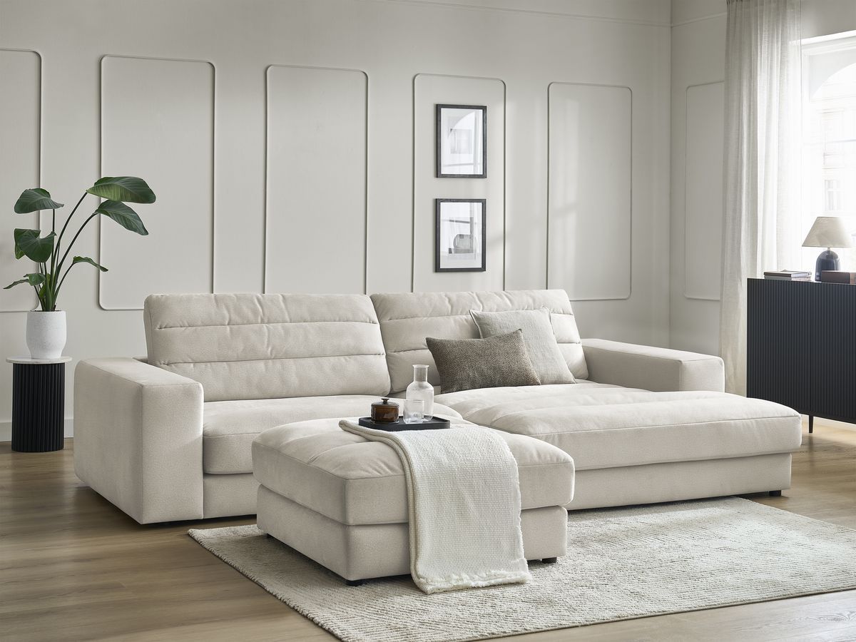 Bobochic Sierra Ecksofa mit Pouf Samt Beige Ecke rechts