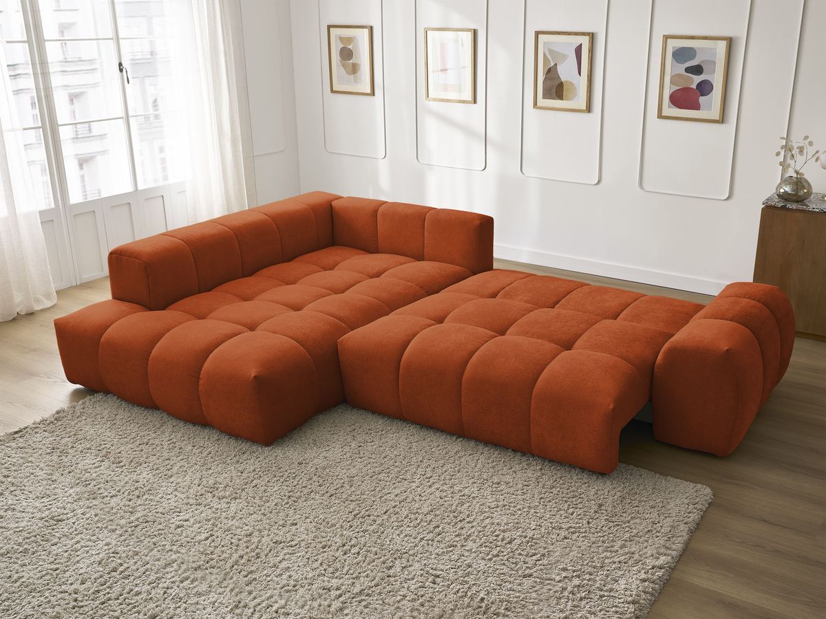 Bobochic Everest Ecksofa mit Schlaffunktion und Bettkasten 320 × 212 cm, 5 Kissen Strukturstoff Orange Ecke links