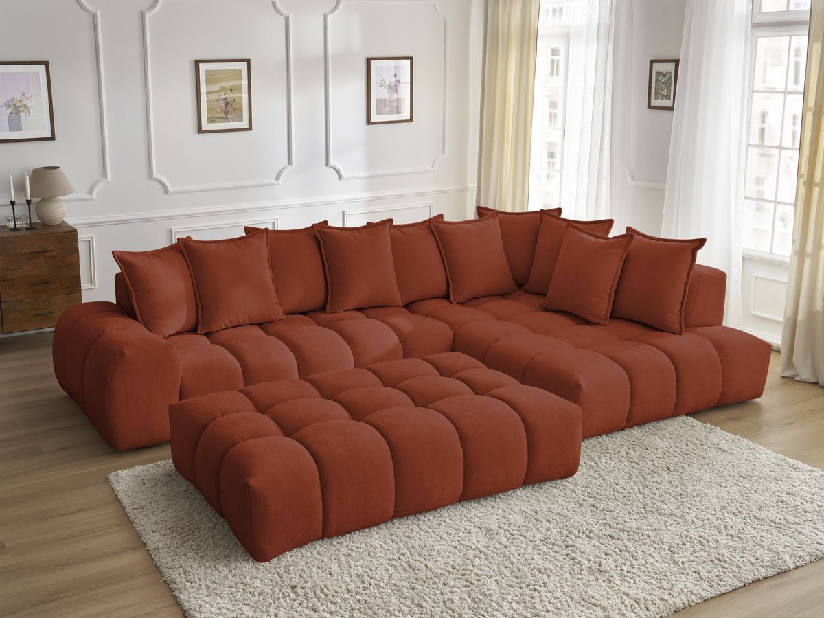 Bobochic Everest Ecksofa mit Schlaffunktion und Pouf, 10 Kissen Strukturstoff Orange Ecke rechts