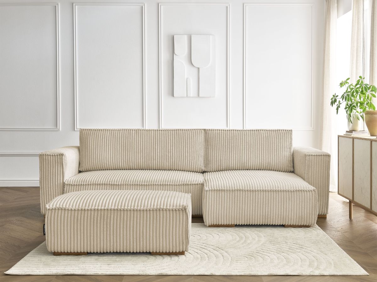 Bobochic Chelsea Ecksofa mit Schlaffunktion und Bettkasten und Pouf Breitcord weich Taupe