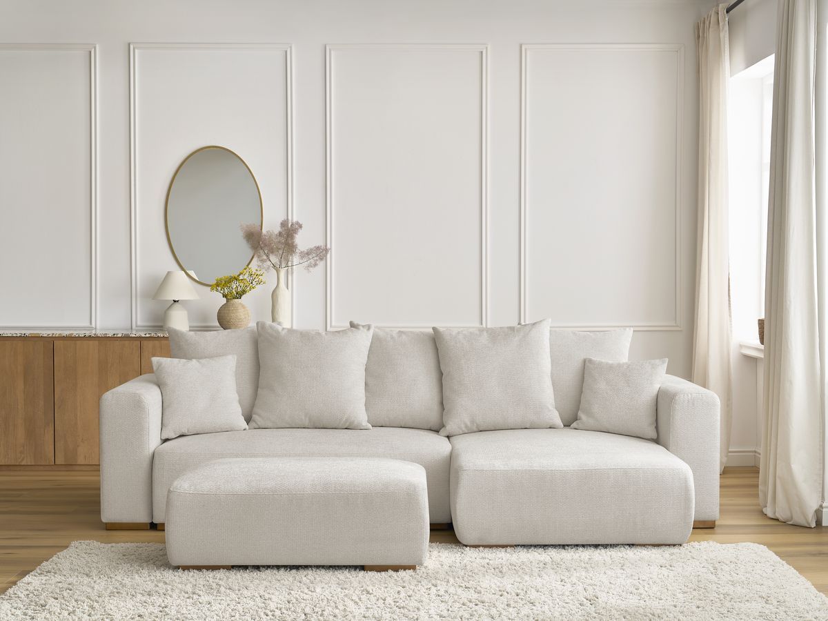 Bobochic Sidonie Ecksofa mit Schlaffunktion und Bettkasten und Pouf Melange-Stoff Beige