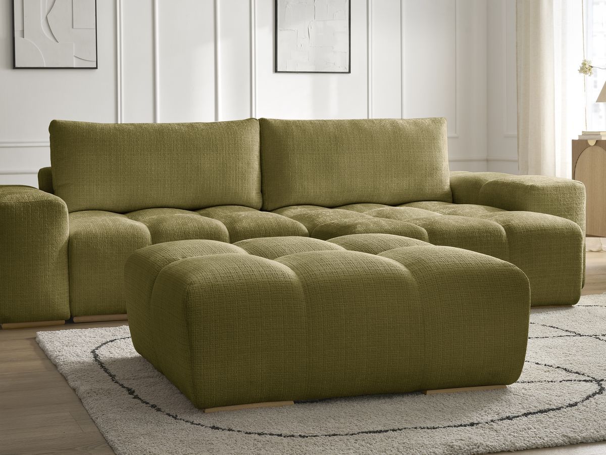 Bobochic Anakin Ecksofa mit Schlaffunktion und Bettkasten und Pouf, 2 Kissen Strukturstoff Grün