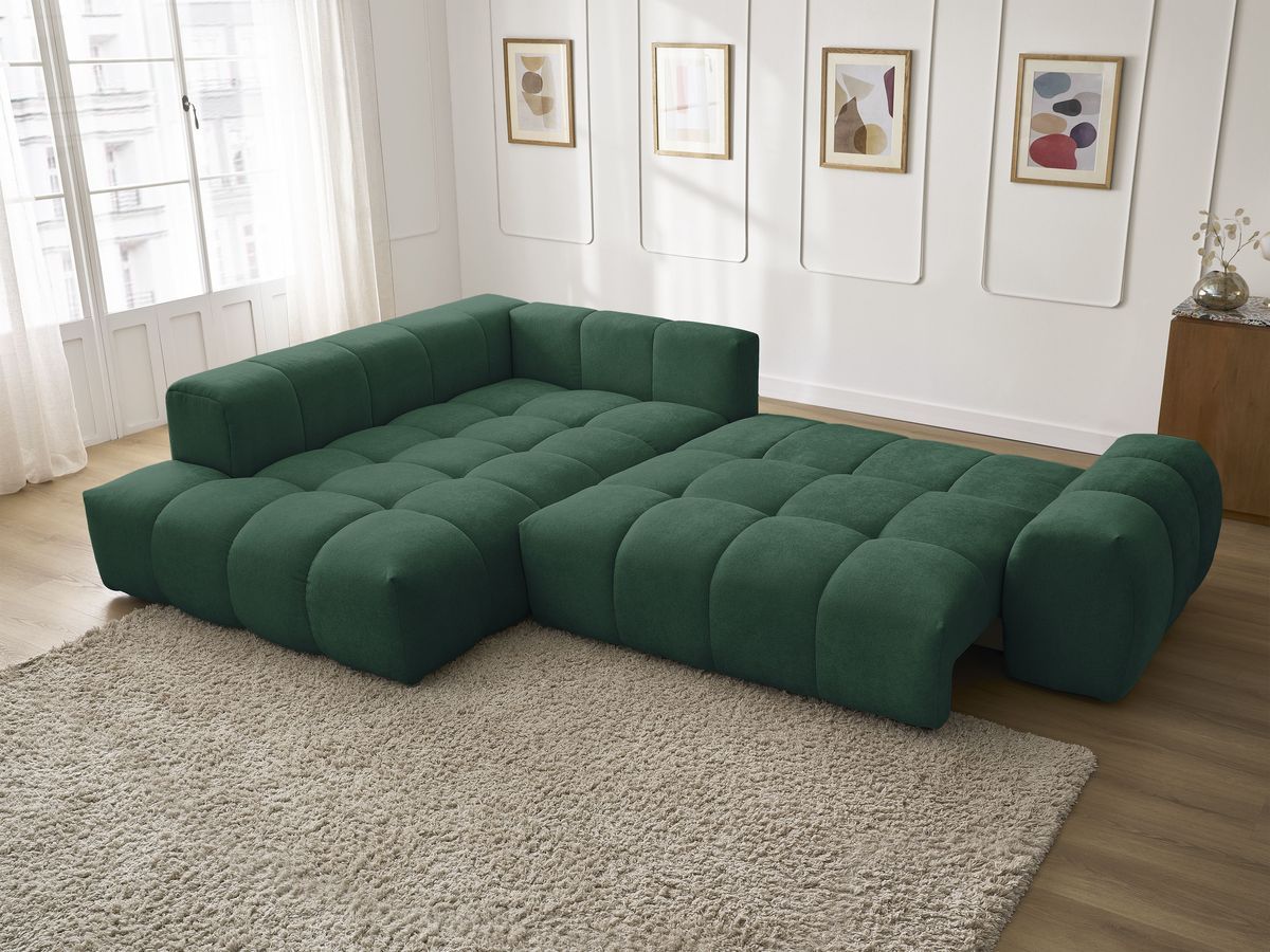Bobochic Everest Ecksofa mit Schlaffunktion und Bettkasten 320 × 212 cm, 5 Kissen Strukturstoff Grün Ecke links